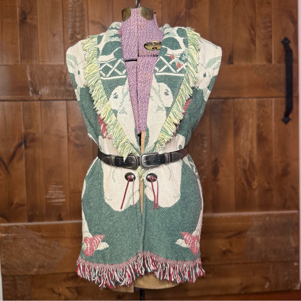 Vintage 90s E. Claire Afghan Blanket Tapestry Vest with Bunny pattern OS